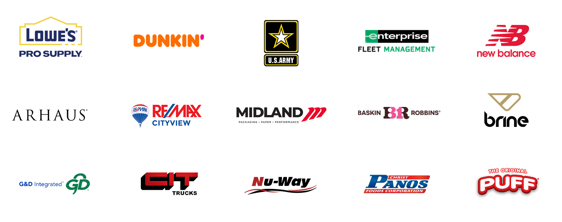 Grid of 15 company logos, including Lowe's Pro Supply, Dunkin', U.S. Army, Enterprise, New Balance, and others.