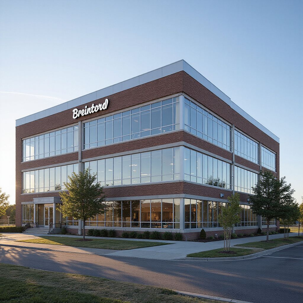 Three-story brick building with large windows and the 