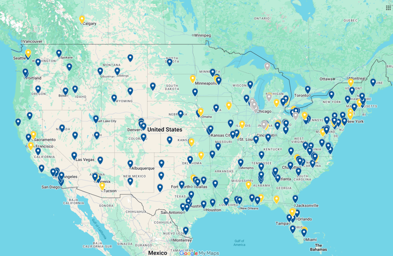 Map of the United States with blue and yellow pin icons marking locations.