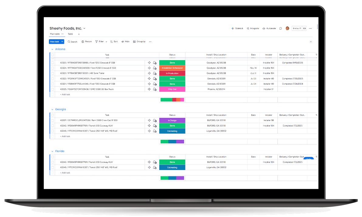 Laptop screen displaying a table with colored status indicators and data entries.