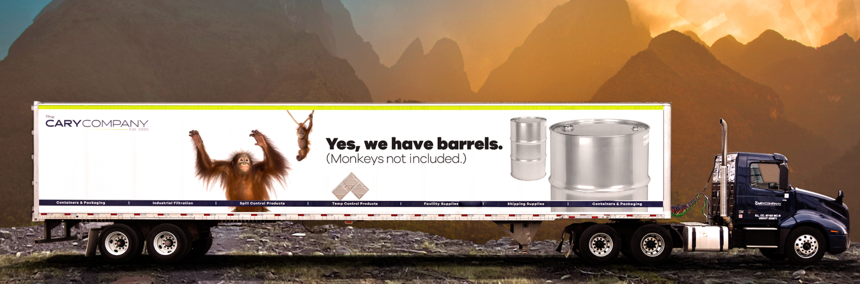 Truck hauling a trailer with an ape illustration and text 