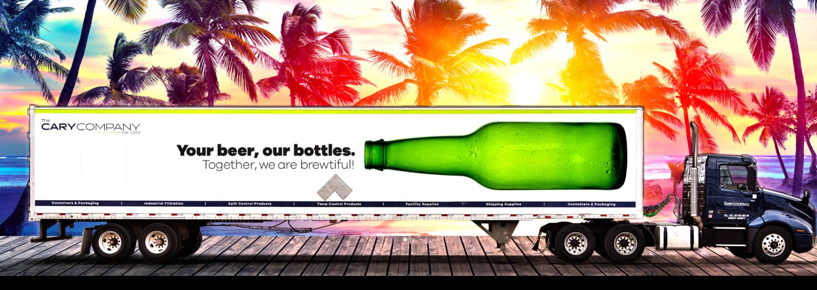 Truck hauling a trailer with a beer bottle advertisement on a tropical background.