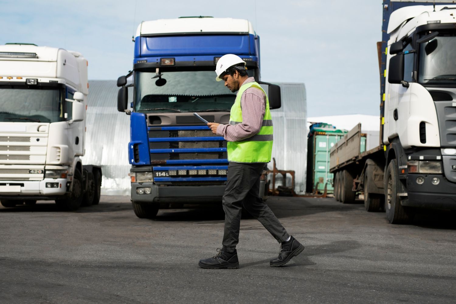 A person in a high-visibility vest and hard hat walks between parked semi-trucks while checking a tablet.