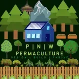 Logo for PNW Permaculture featuring a house, forest, mountain, and the Space Needle against a dark green background.