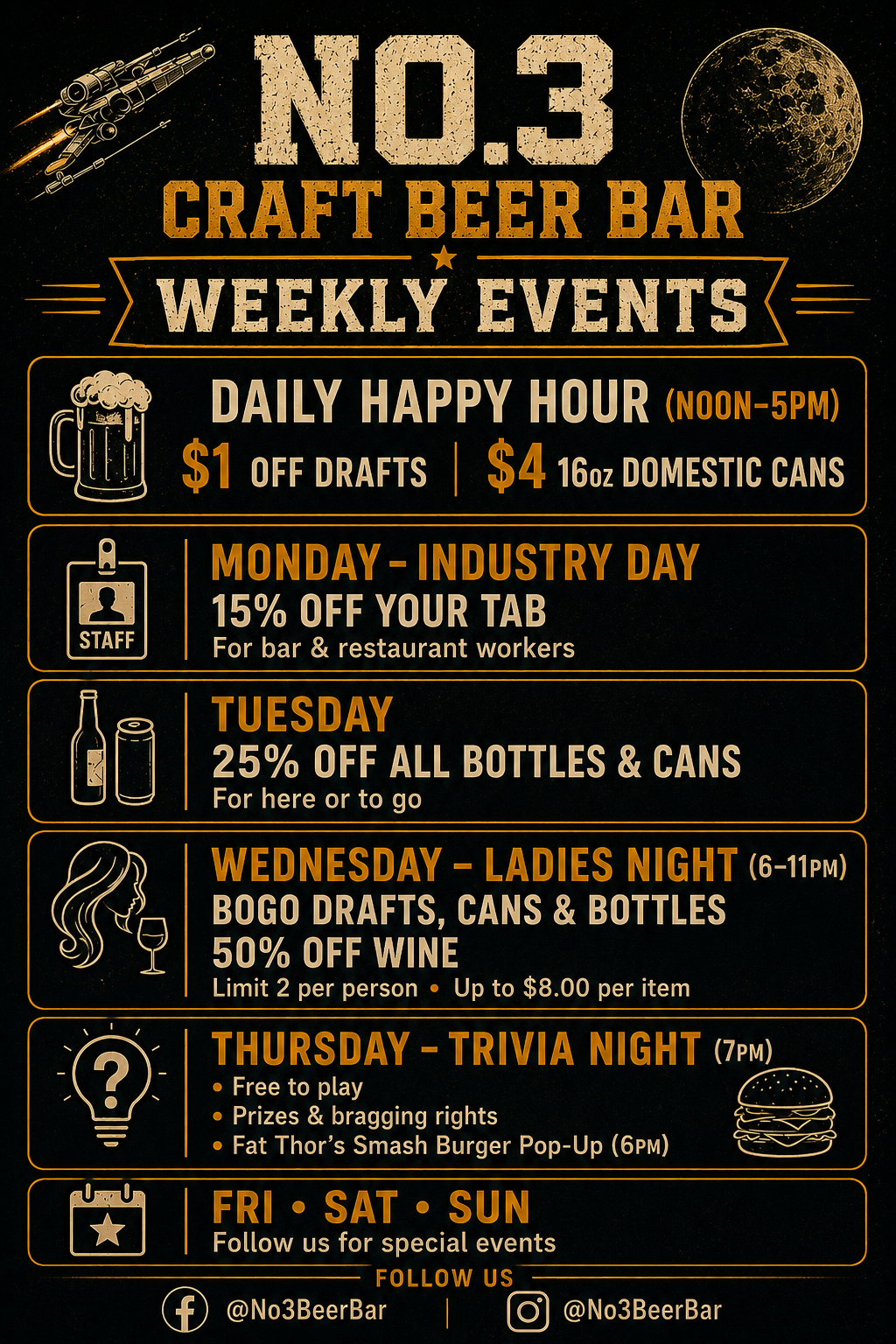 Weekly specials at No.3 Craft Beer Bar including Industry Day, Ladies Night, Trivia Night and Happy Hour