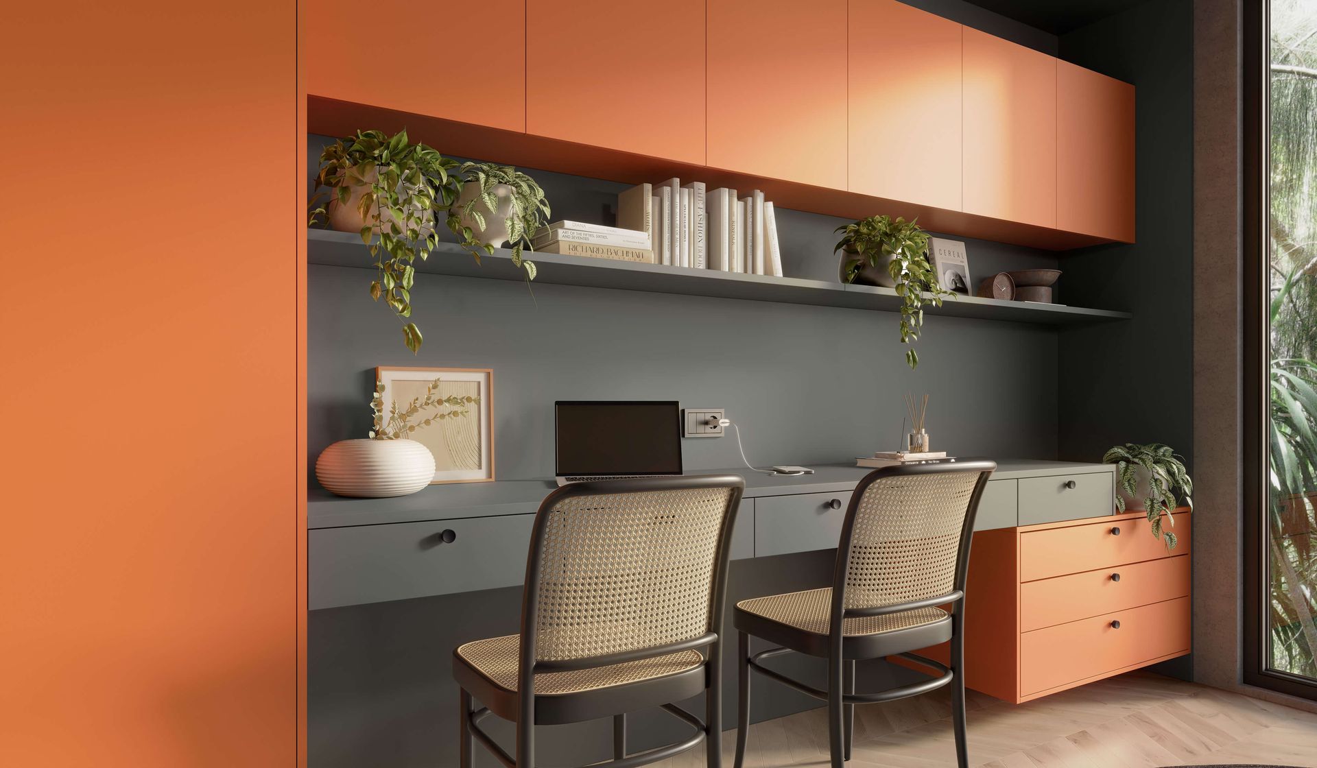 escritório moderno com móveis planejados e iluminação indireta