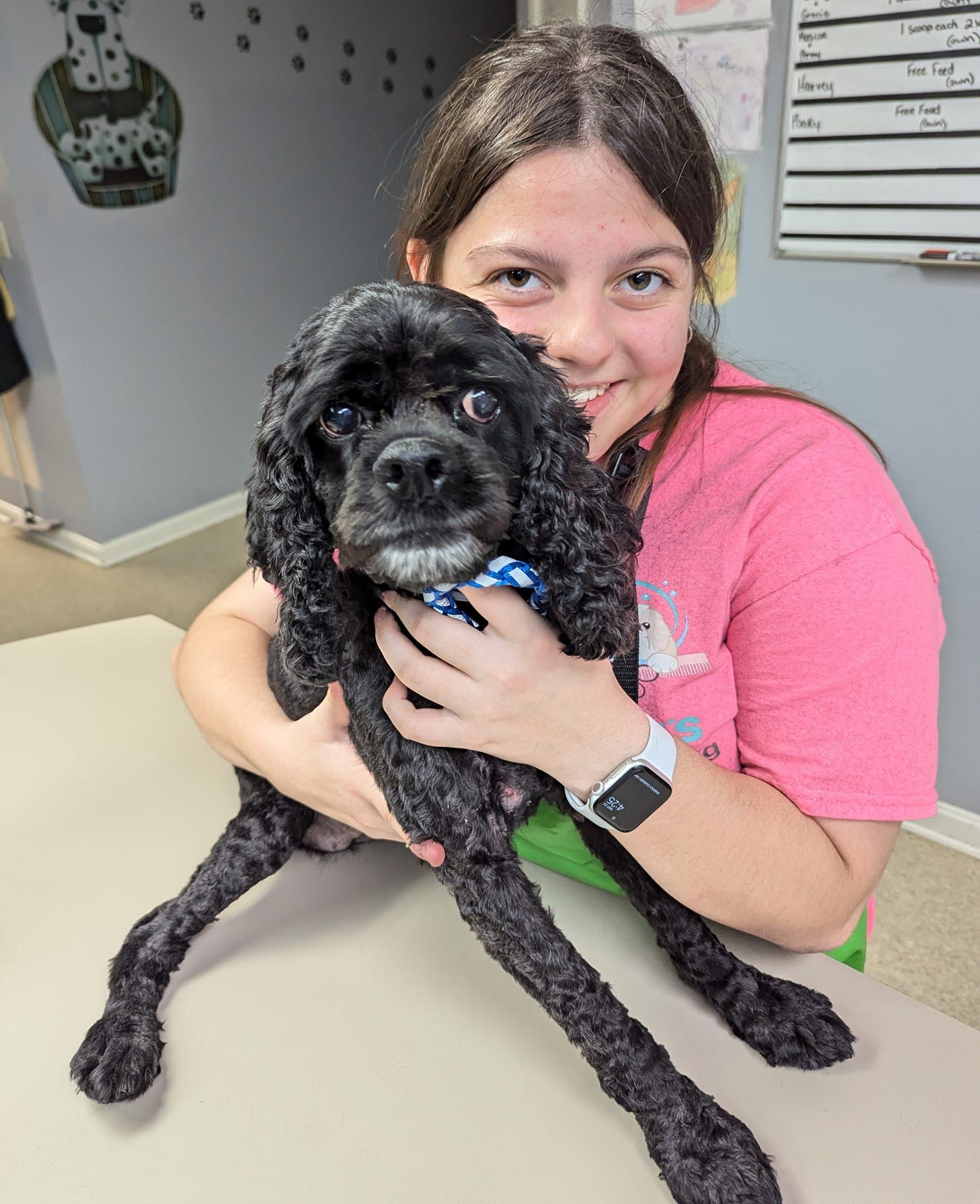 A woman in a pink shirt is holding a black dog.
