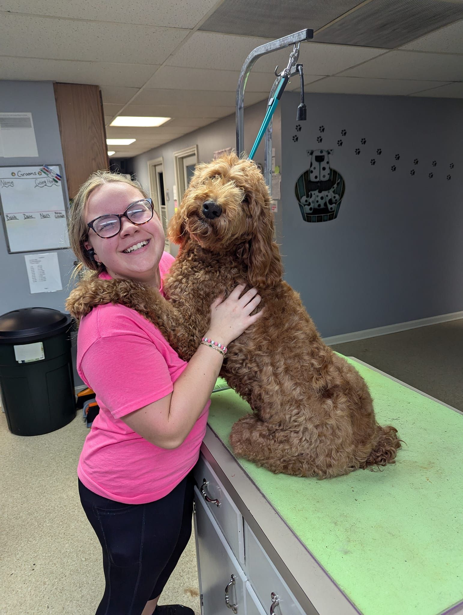 A woman is standing next to a brown dog on a table.