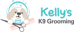 A logo for kelly 's k9 grooming with a dog and scissors.