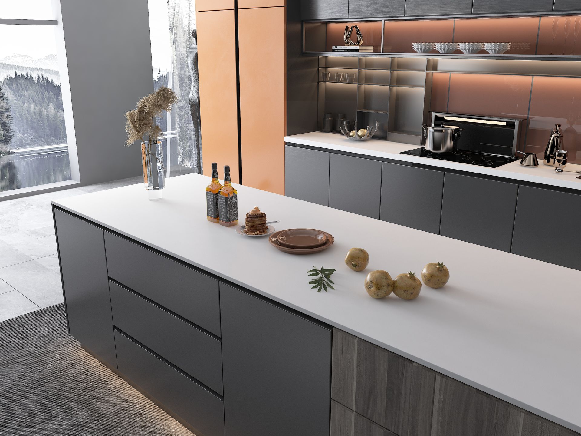 A kitchen with a large island and a bottle of wine on the counter.