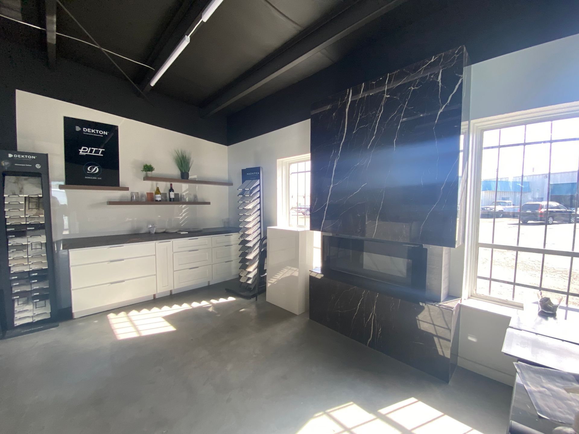 There is a fireplace in the middle of the room.