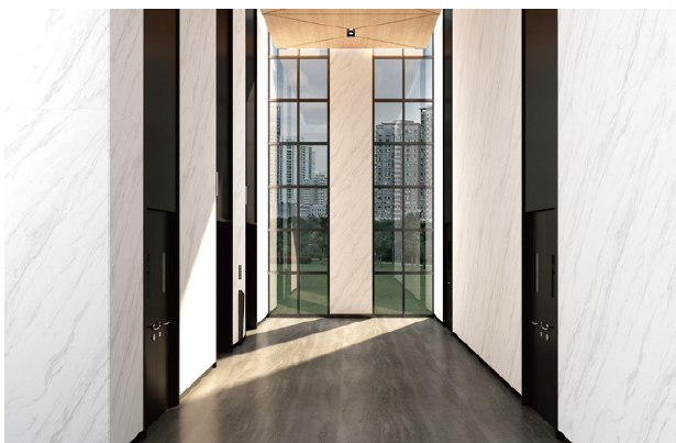 A hallway with a lot of windows and doors