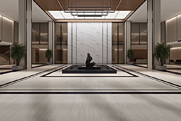 A large lobby with a fountain in the middle of it.