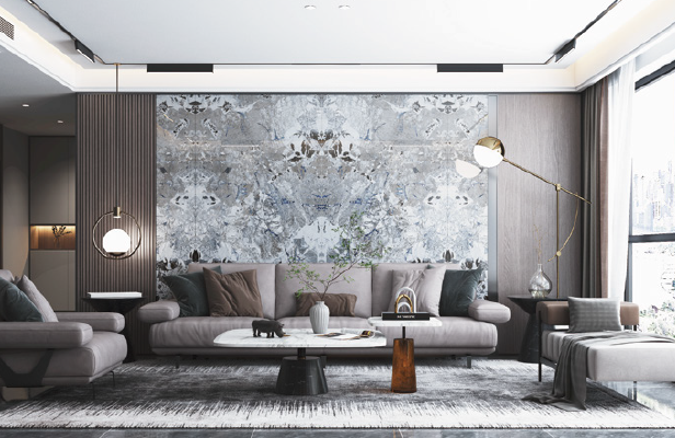 A living room with a couch , chairs , coffee table and a large painting on the wall.