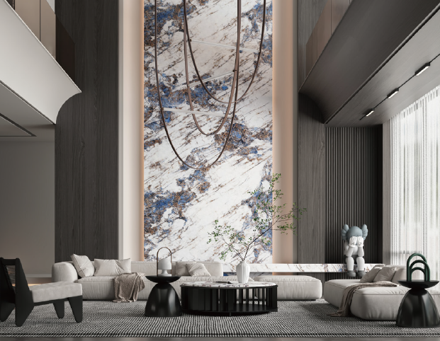 There is a large painting on the wall in the living room.