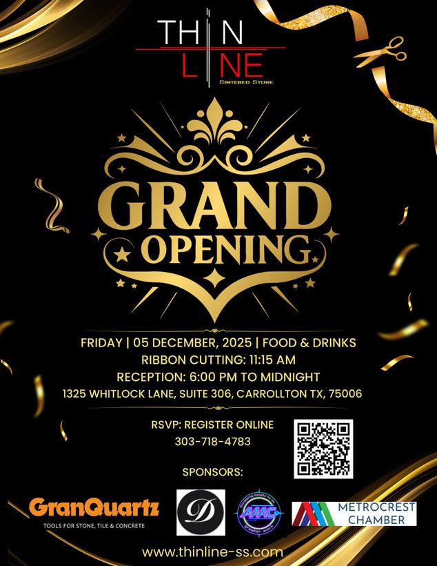 Gold and black grand opening announcement for Thin Line, Friday, December 2023, Cockeysville, MD, featuring sponsors.