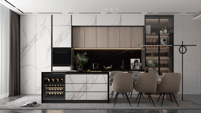 A kitchen with a dining table and chairs and a wine cooler.