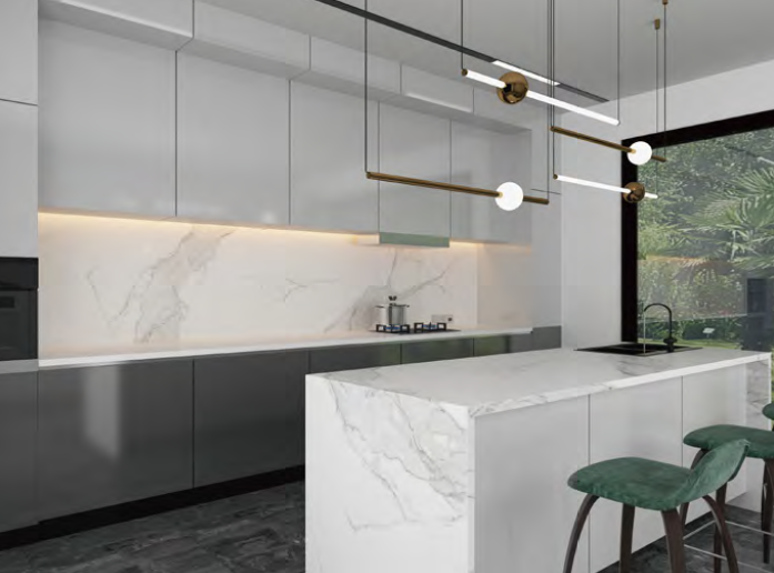 A kitchen with a large island and stools