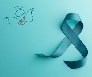 A blue ribbon with a drawing of an angel on a blue background.