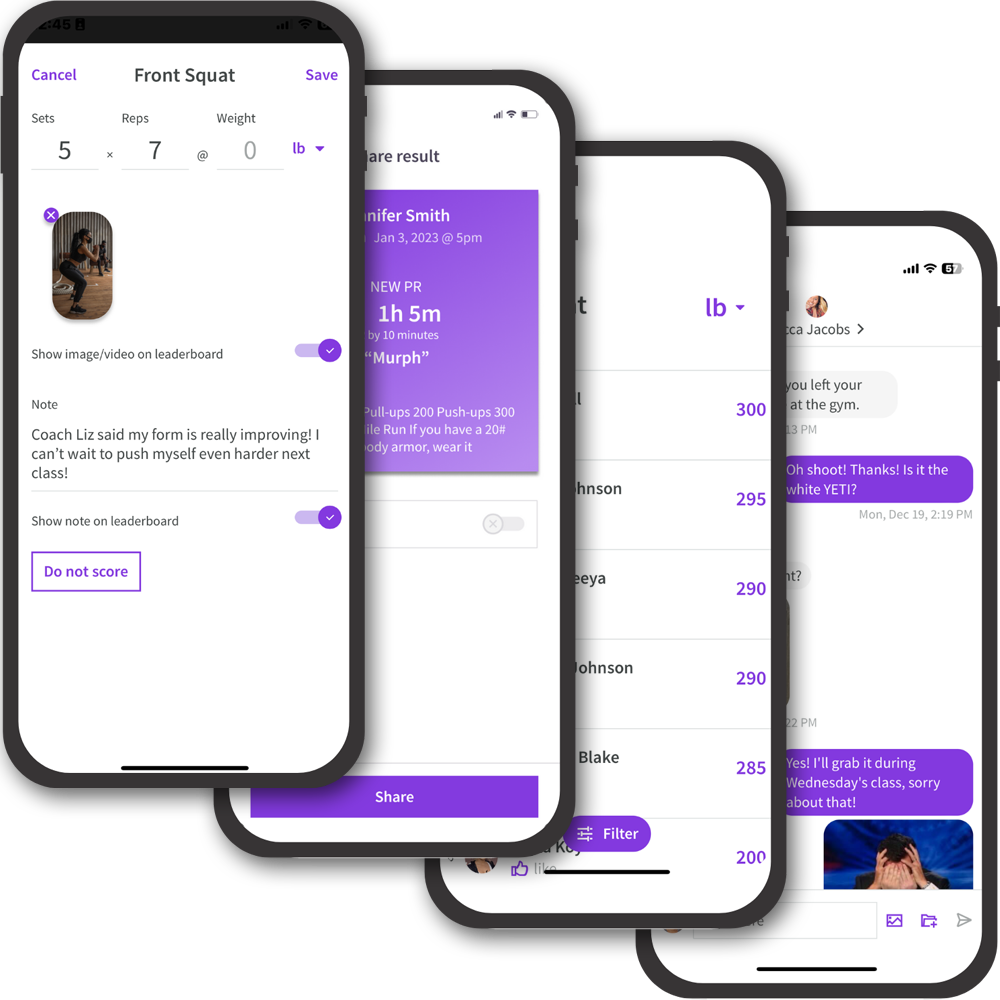 Three overlapping phone screens showing a purple fitness workout app interface and exercise results.