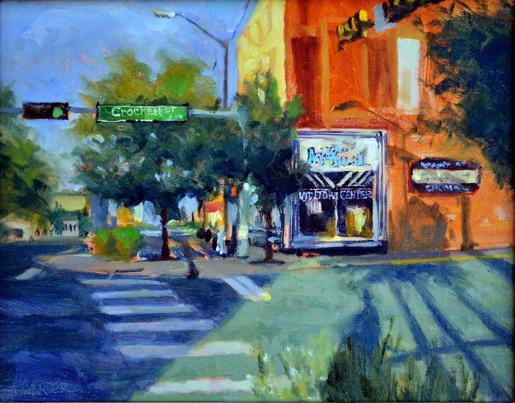 a painting of a street corner with a store and a green light .