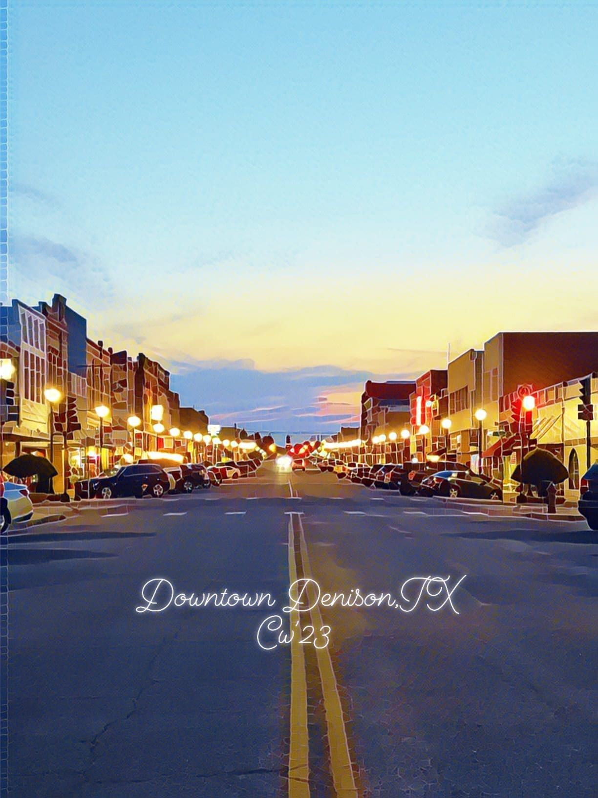 a picture of downtown denison texas at sunset