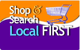 a sign that says shop and search local first