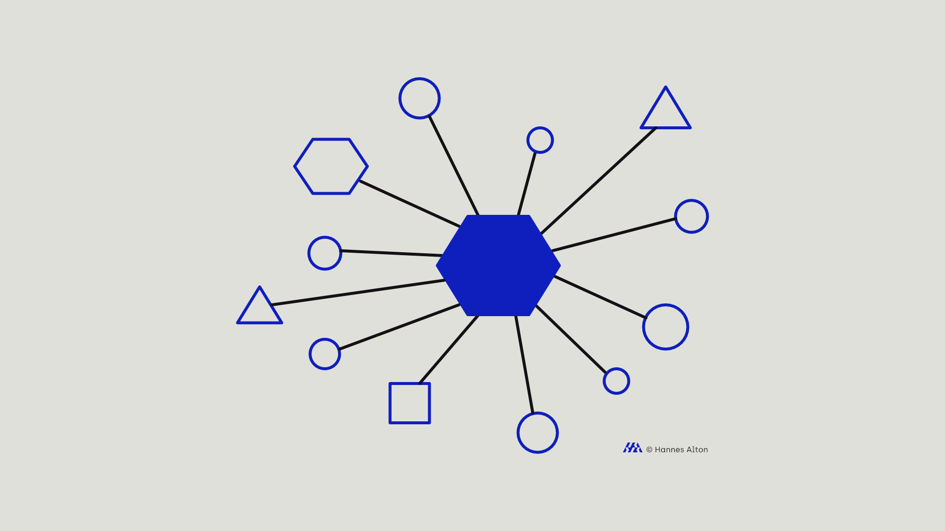 Graphic of diverse shapes linked to a central unit, symbolizing varied elements in one organization.