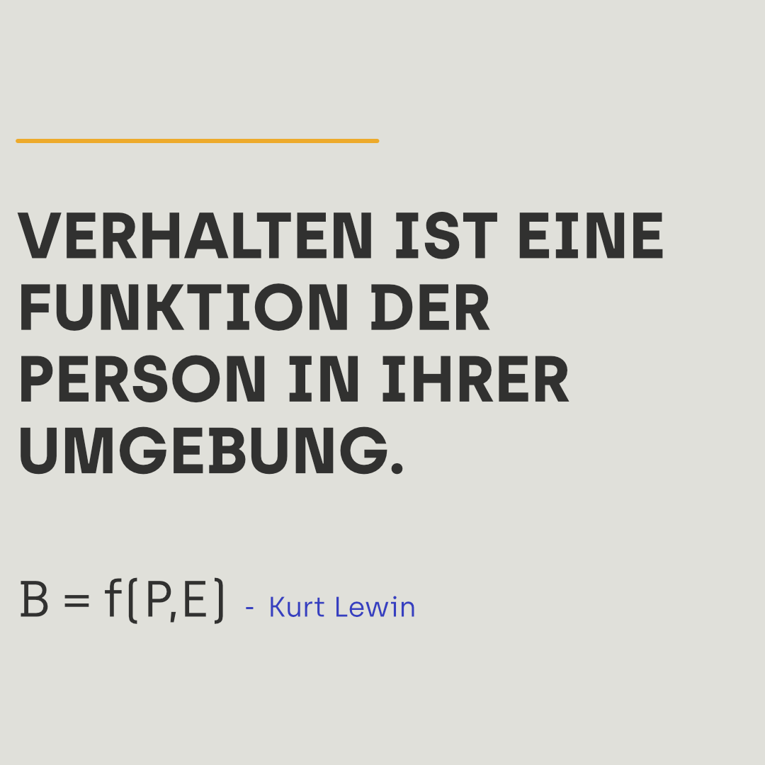 Typografisches Visual mit Kurt Lewin Zitat: Verhalten ist eine Funktion der Person in ihrer Umgebung.