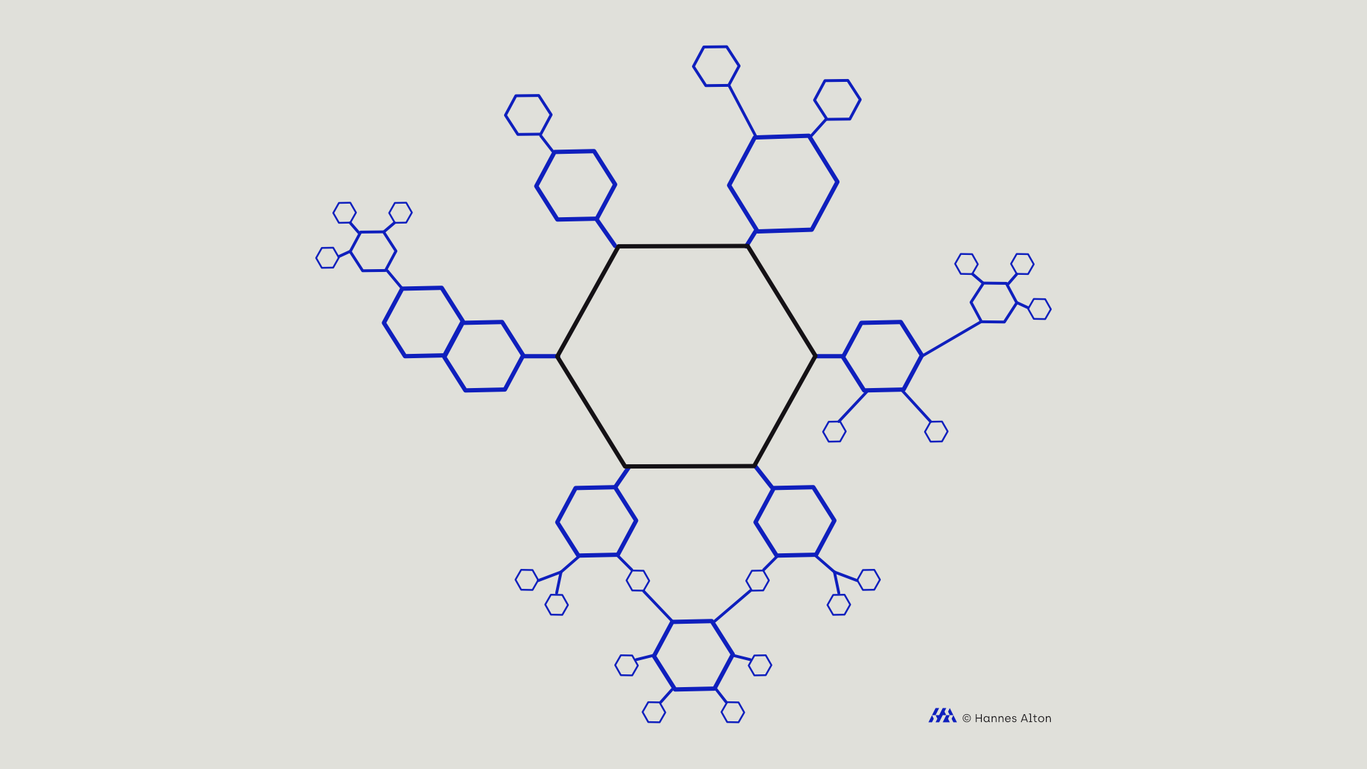 Fraktale Hexagon-Struktur als Symbol für das Zusammenspiel vernetzter Subsysteme
