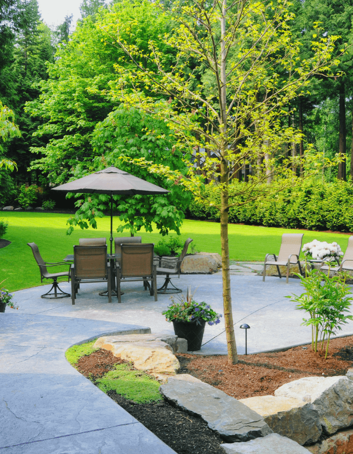 A patio with a table and chairs and an umbrella