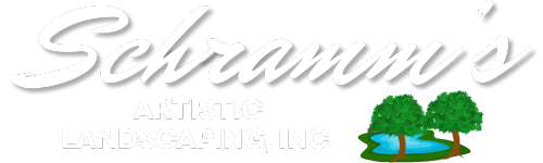 Logo for Schramm's Artistic Landscaping, featuring scripted font and graphic image of trees and pond.