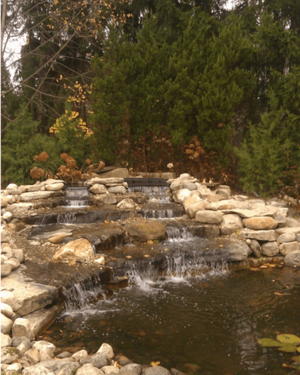 A small waterfall is surrounded by rocks and trees