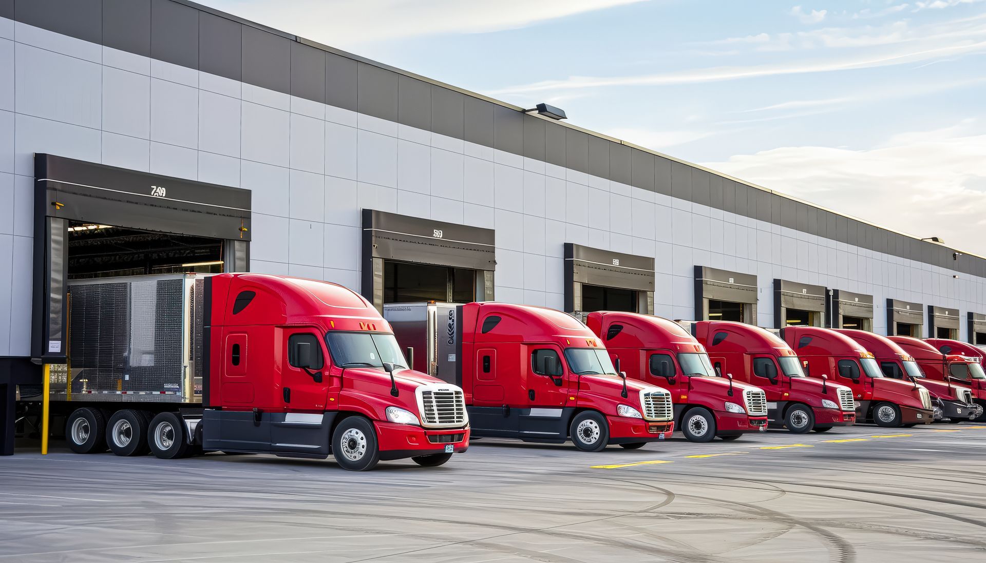 A row of red semi trucks lay half parked in individual slots. A row of red semi trucks lay half parked in individual slots.