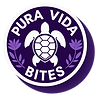Purple circular “Pura Vida Bites” logo with a turtle icon in the center
