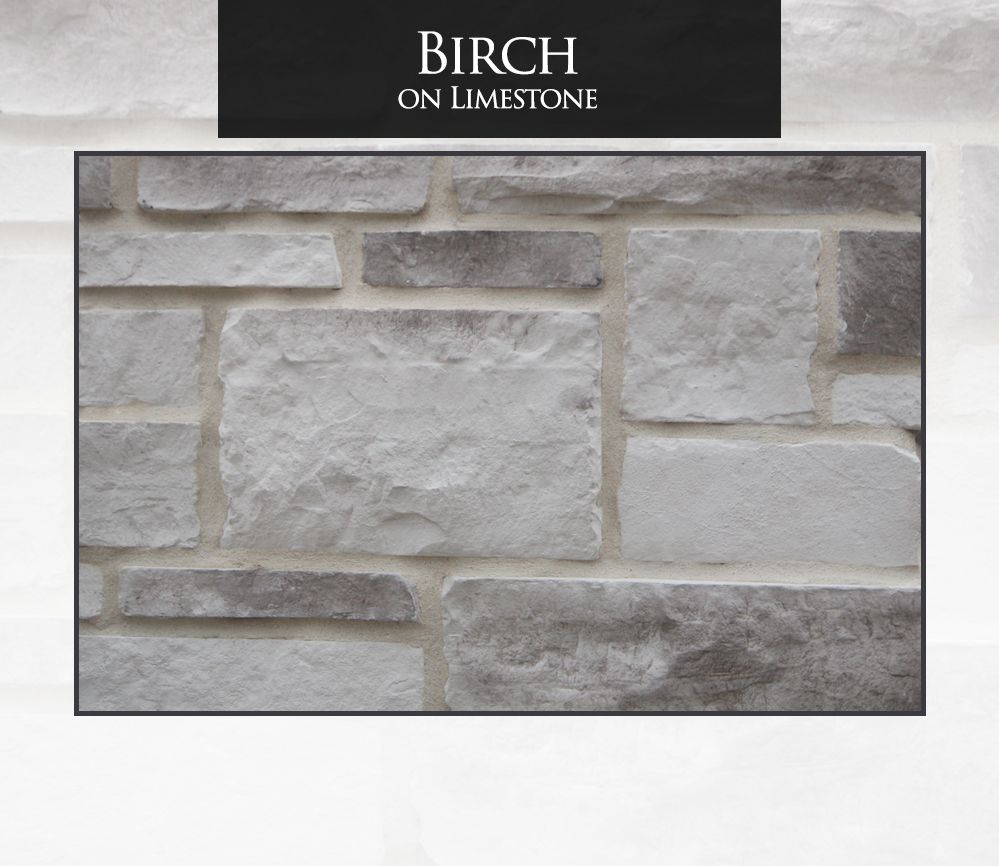 Birch on Limestone: Light gray and brown stone veneer.