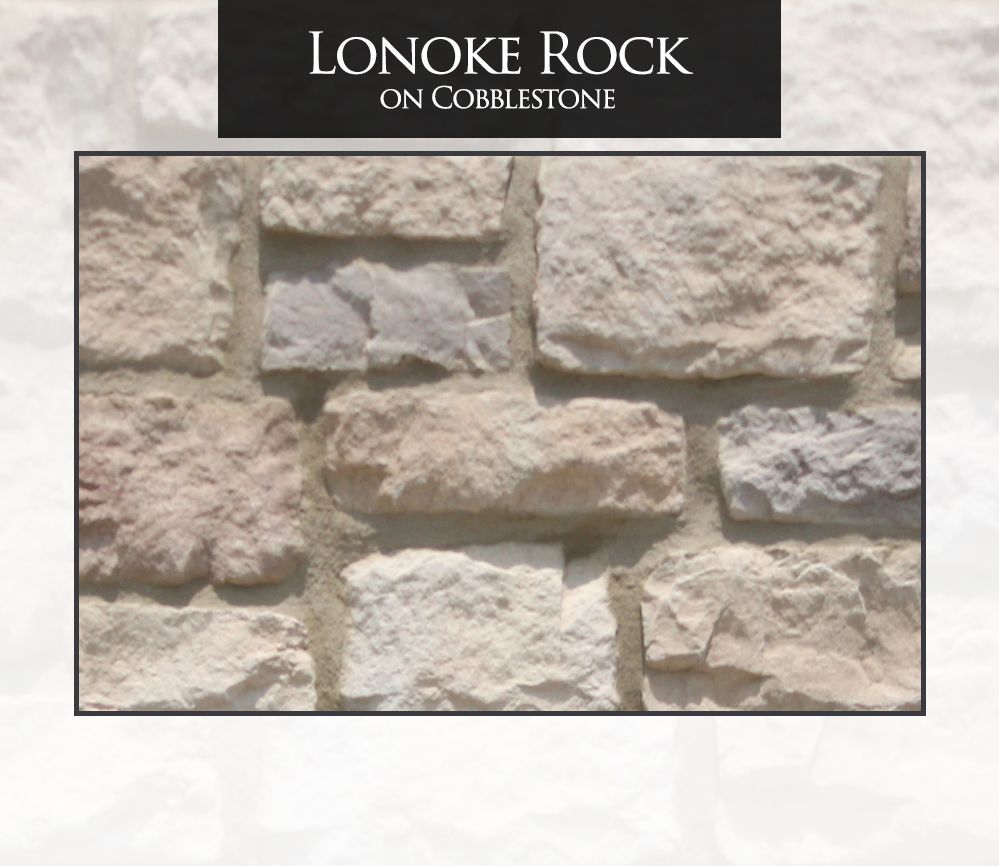 Close-up of Lonoke Rock on Cobblestone stone wall; beige, tan, and gray colors.