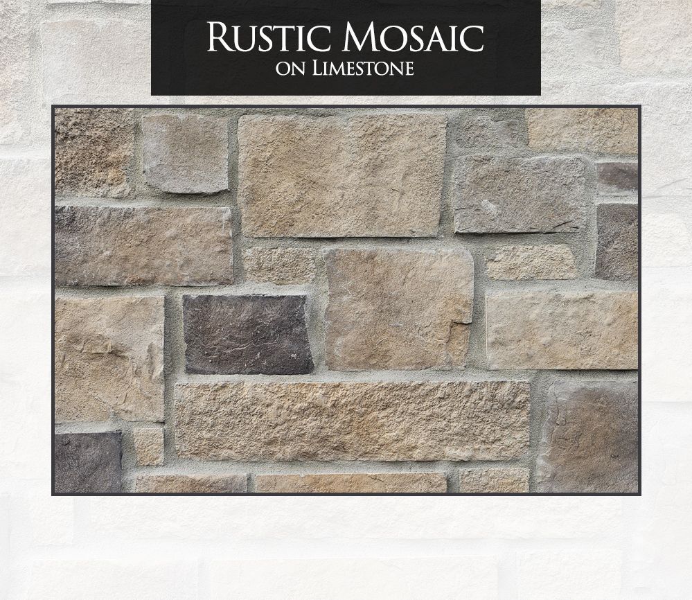 A picture of a brick wall that says rustic mosaic on limestone