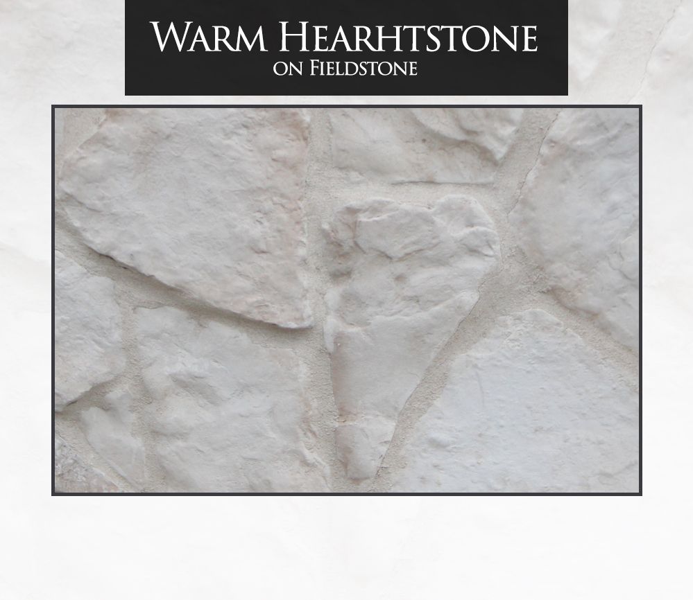 Warm Hearthstone on Fieldstone; neutral-toned stone facade with irregular shapes and light-colored grout.
