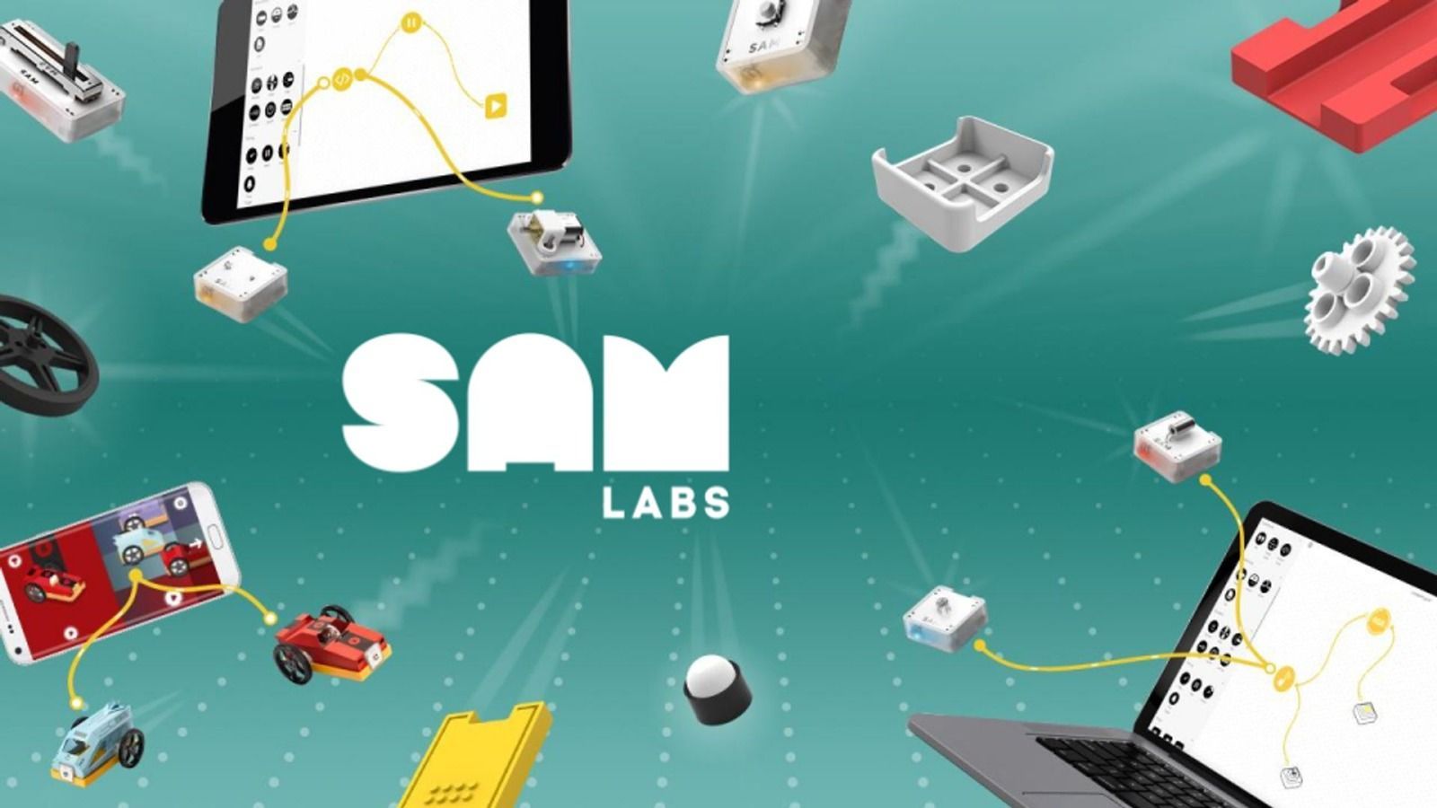 The sam labs logo is surrounded by various electronic devices