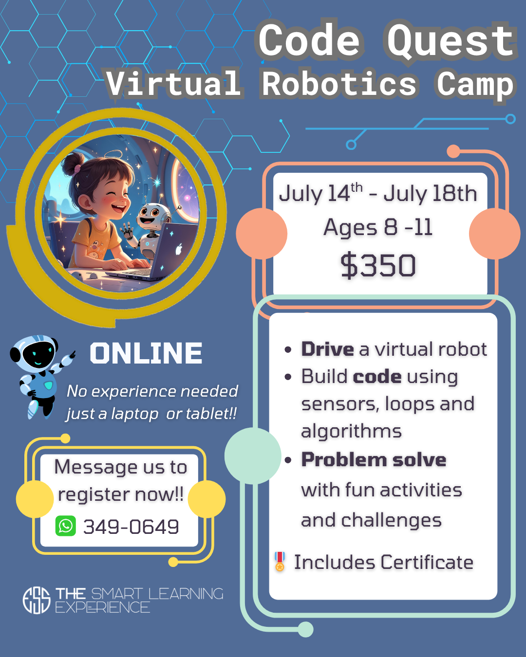 Promomotional flyer for Code Quest Virtual Robotics Camp