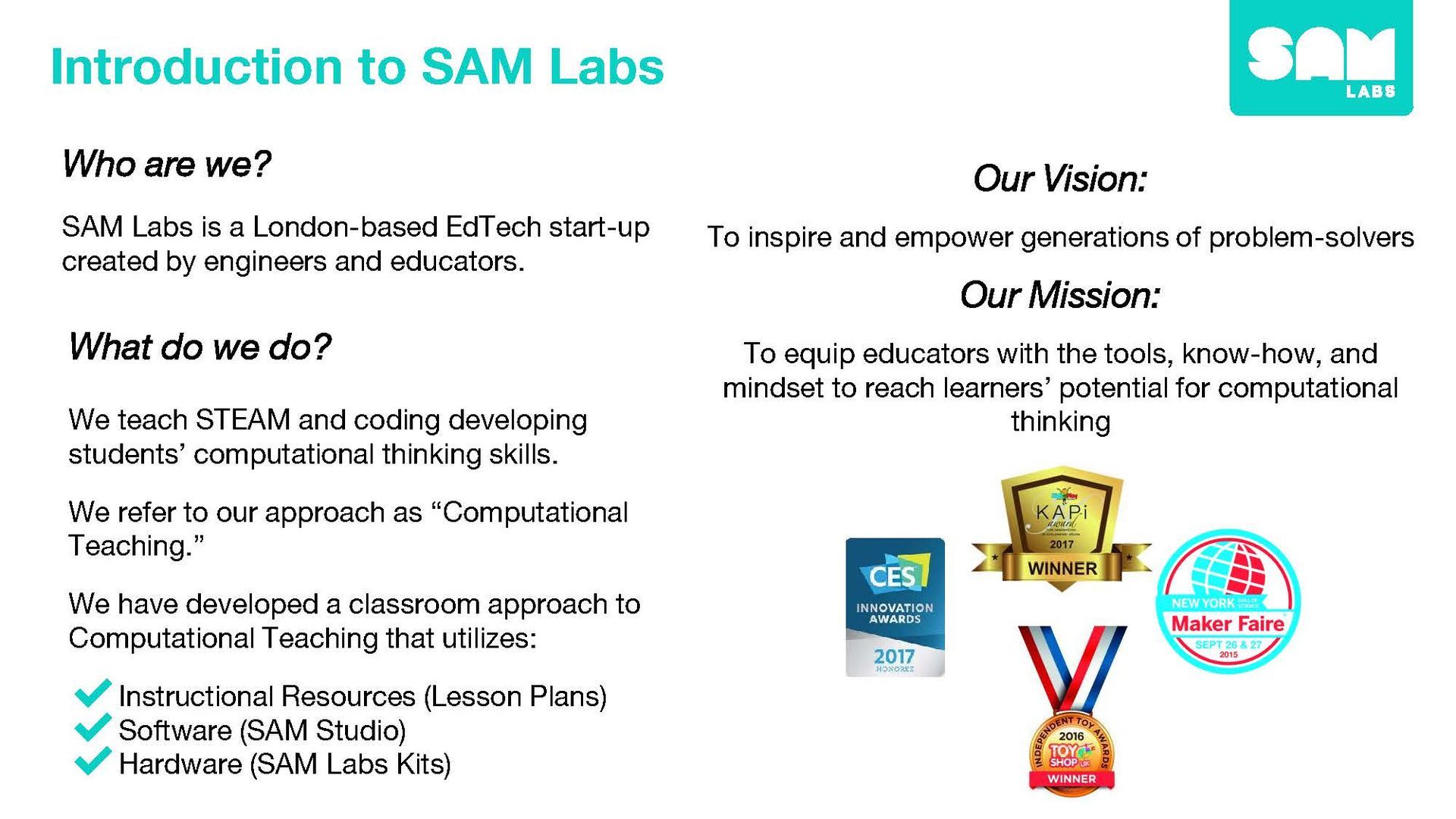 An introduction to sam labs is shown on a white background