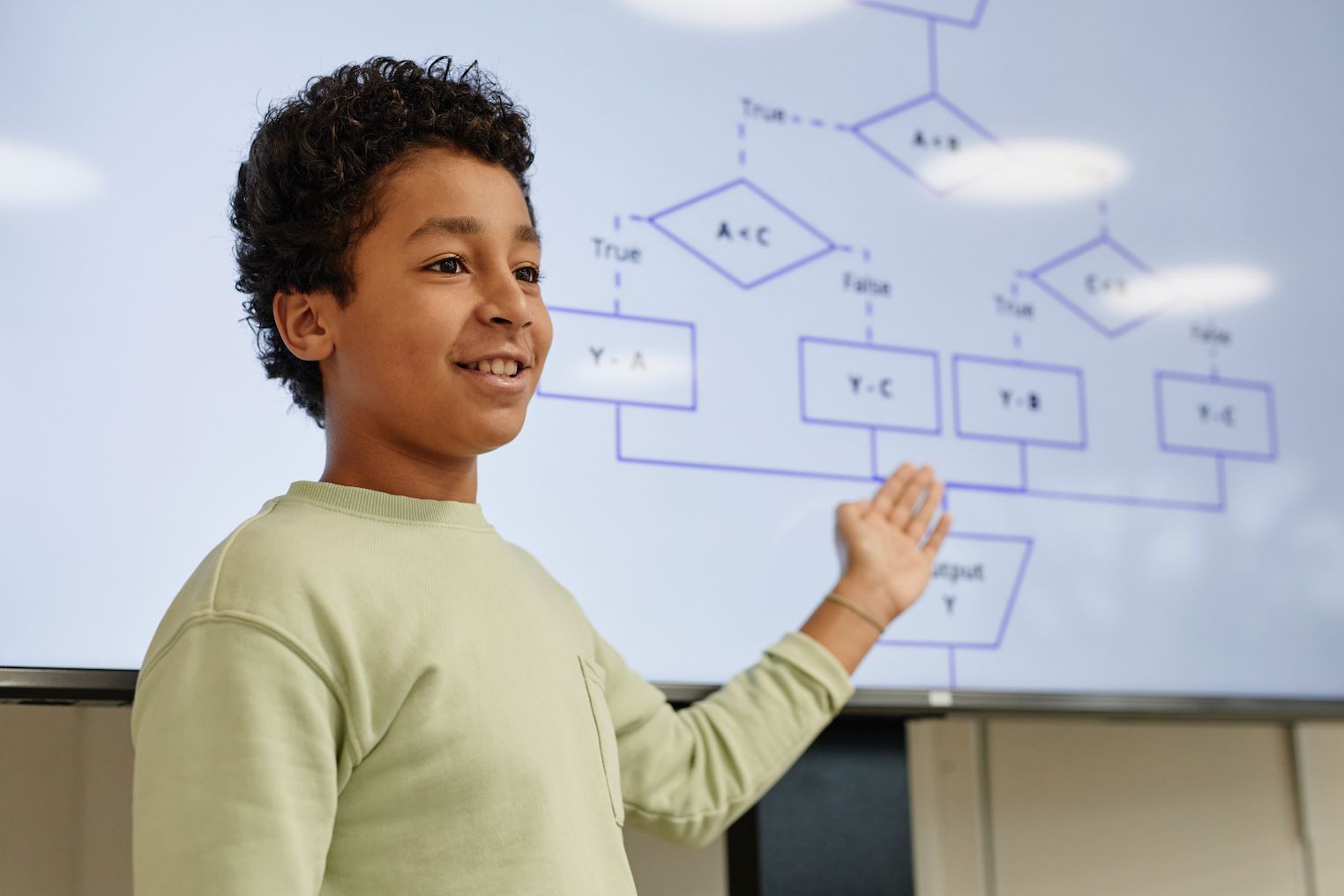 A young boy is giving a presentation in front of a whiteboard.