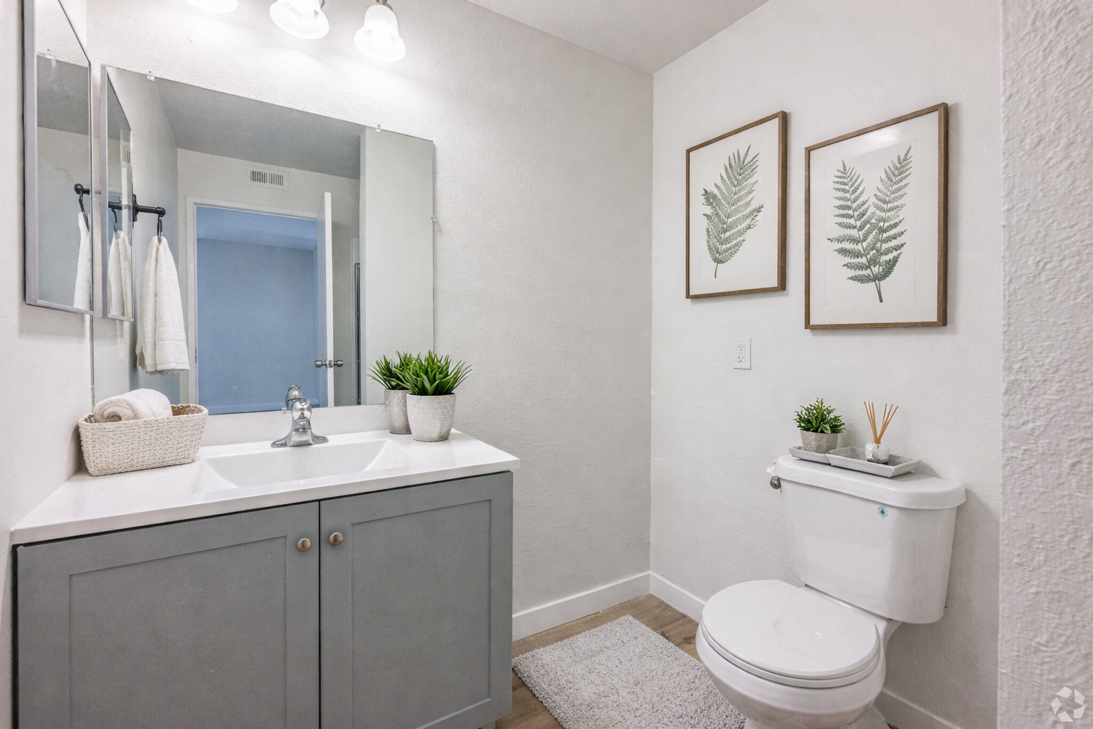 Bathroom with gray vanity, white toilet, framed botanical prints, and a potted plant.