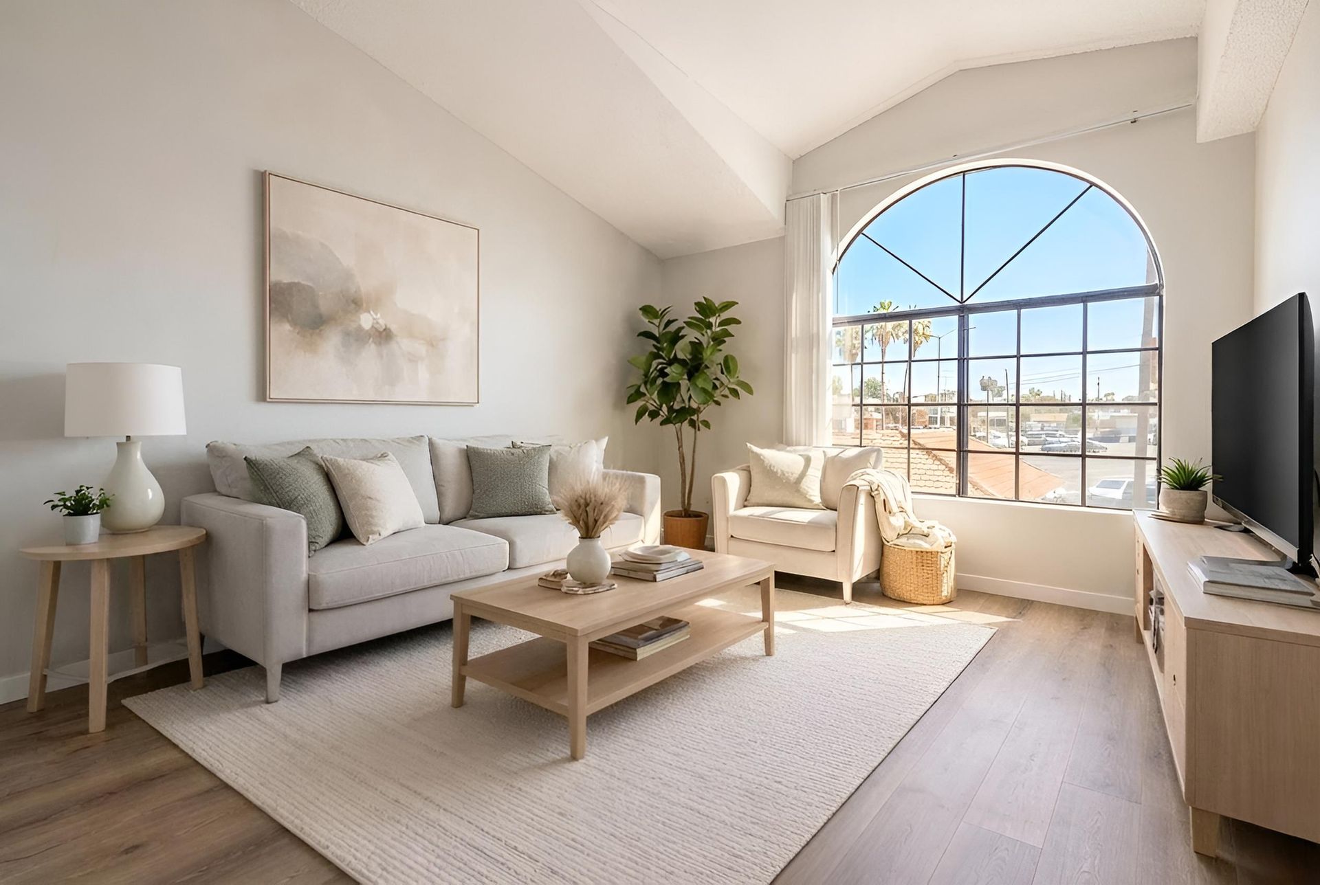 Living room with light-colored furniture, large arched window, and neutral decor.