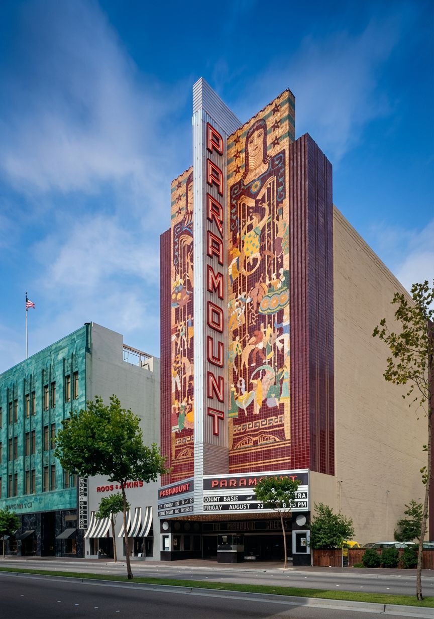 Paramount Theatre building with colorful mosaic facade and sign against a blue sky.