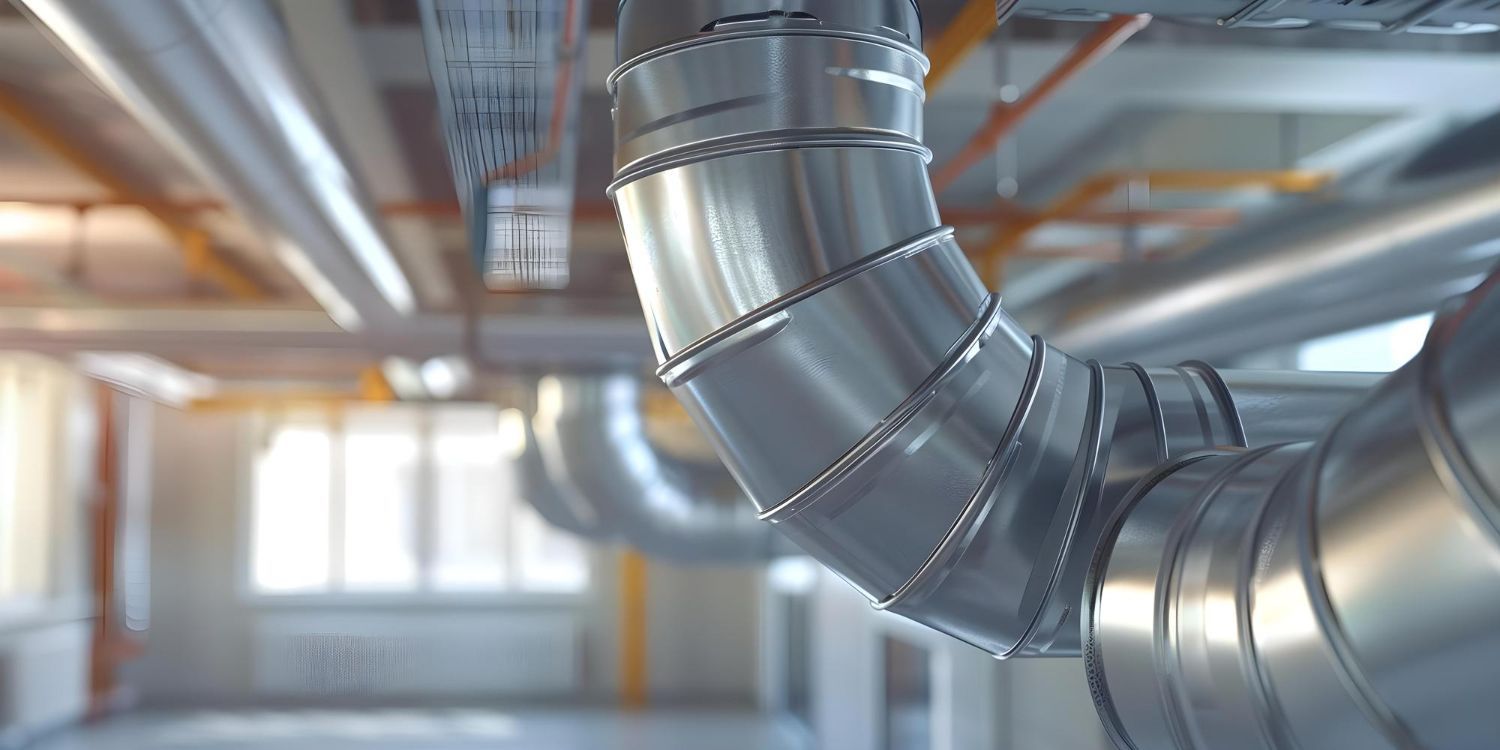 Close-up view of shiny, metallic ventilation ducts and pipes in an industrial setting.