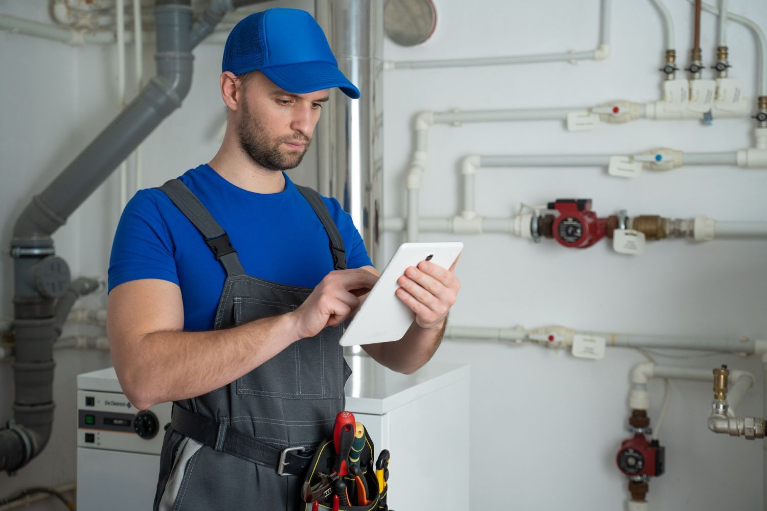 Plumber in blue uniform, using a tablet to inspect pipes in a utility room.