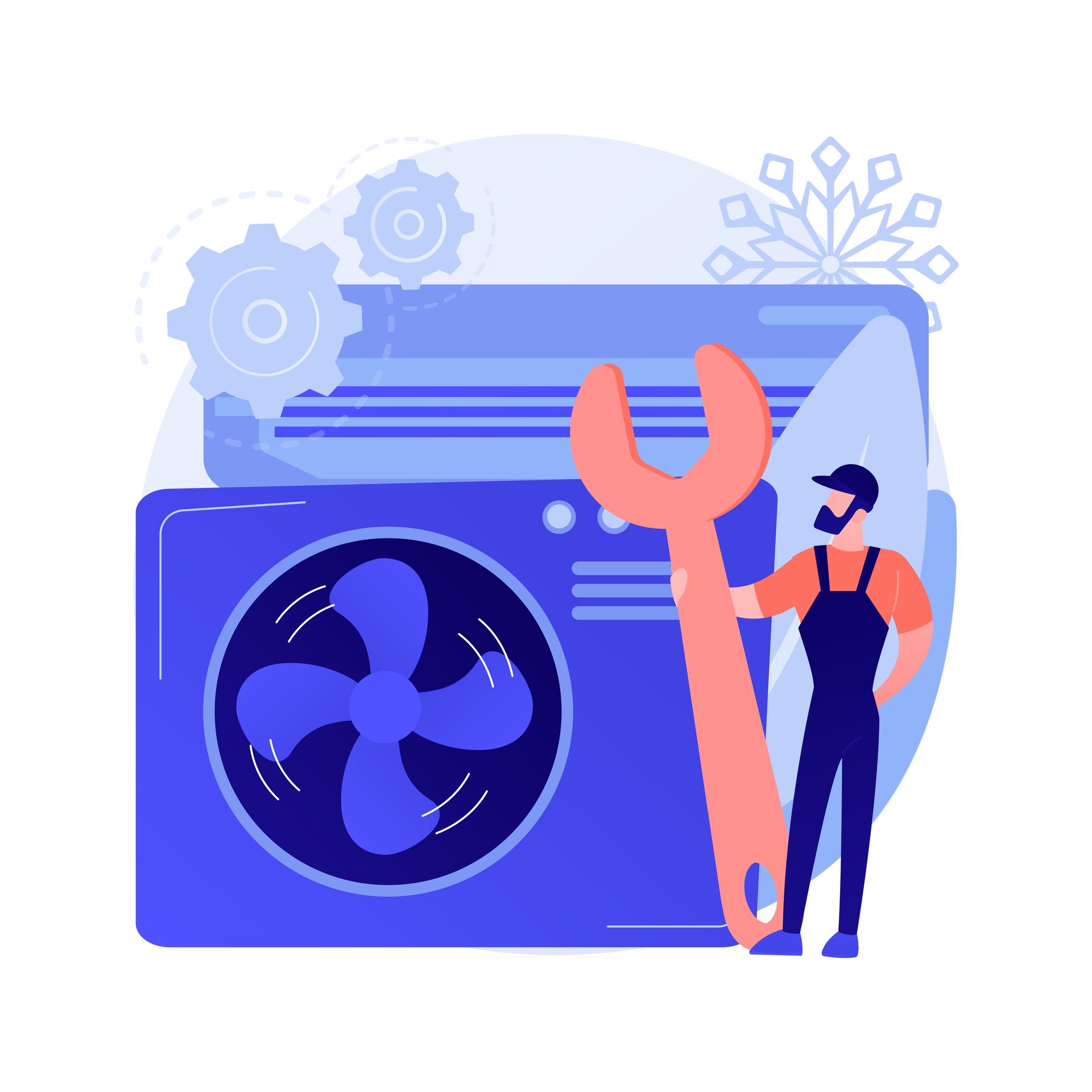 A man is working on an air conditioner outside of a building.