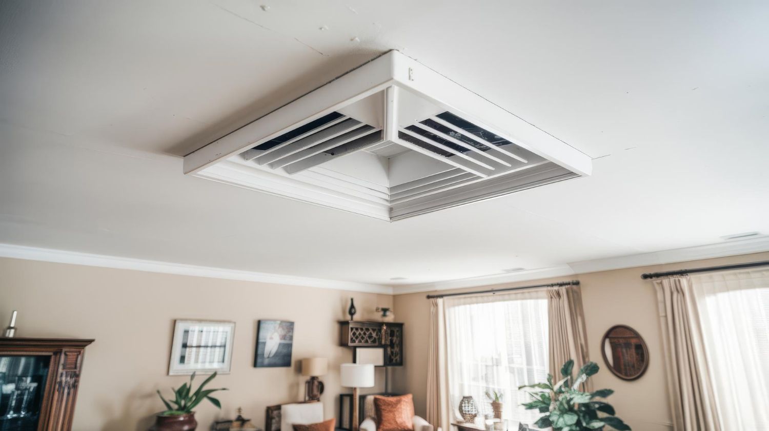 White ceiling-mounted HVAC unit with slats, above a living room with tan walls and furniture.